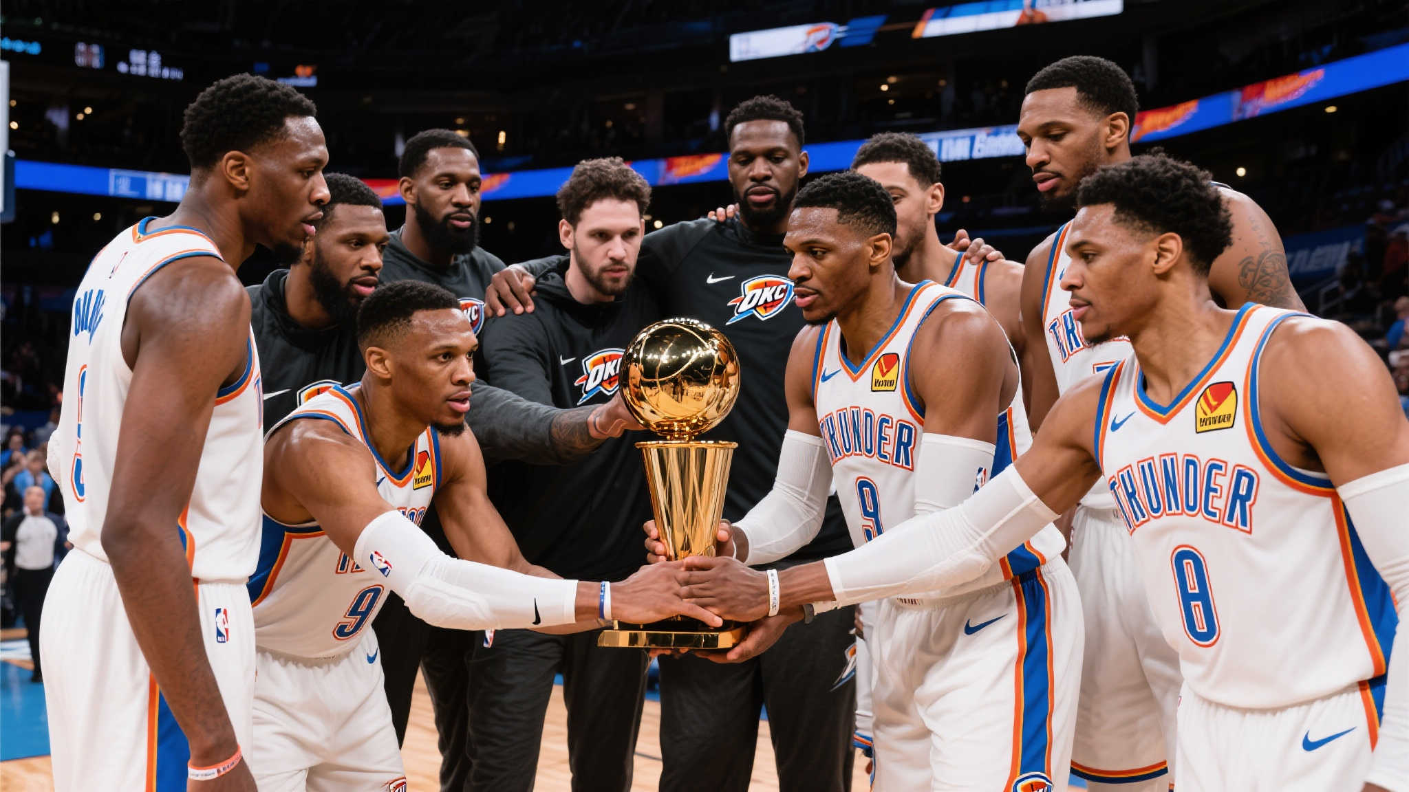 雷霆官推发布众将捧杯照:无畏追梦,献给这座城市! 每一枚奖杯背后都有一个关于努力和奋斗的故事。在本赛